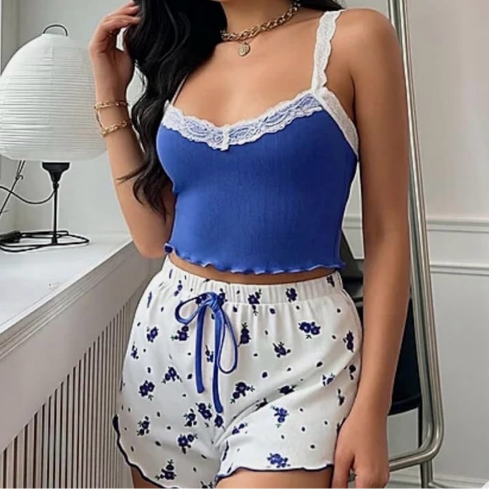 Blue Lace Trim Cami and Floral Shorts Set